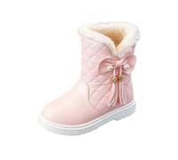 Girls Quilted Mid Calf Boots Bow Pearl Tassel Faux Fur Cuff Side Zipper | Warm Winter Boots for Toddler Little Kids Fall Daily Wear School Travel Outdoor