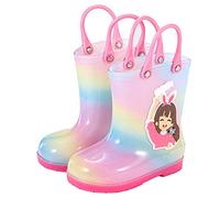 Girls Rain Boots Toddler Cute Non-Slip Wellies with Easy on Handles Children Durable Lightweight Wide Fit Wellingtons with Adjustable Fastener Kids Lovely Cartoon Waterproof Shoes for Rainy Day