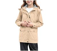 Girls Rain Jacket Kids Striped Hooded Zip Raincoat Windproof Waterproof Windbreaker Lightweight Solid Color Casual Outerwear Hiking Breathable Coats (Beige, 11-12 Years)