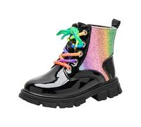 Girls Rainbow Glitter Boots Lace Up Side Zipper Ankle Booties Riding Combat Boots Non-Slip School Shoes Fall Winter Shoes Black