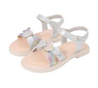 Girls Rainbow Sequin Sandals Kids Cute Heart Flat Sandals Summer Open Toe Non Slip Adjustable Strap Wide Shoes Glitter Lightweight Casual Footwear (Silver, 8.5 Toddler)