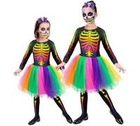 Girls Rainbow Skeleton Tutu Dress Costume Skull Halloween Fancy Dress Outfit
