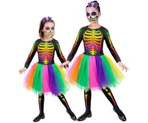 Girls Rainbow Skeleton Tutu Dress Costume Skull Halloween Fancy Dress Outfit