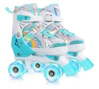 Girls Rainbow Unicorn Roller Skates for Big Kids ages6-12 7 8 9 10, 4 Size Adjustable Quad Skates with All Light Up Wheels - Best Birthday Gift for Outdoor Sports - Teal