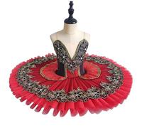 Girls' Red Pancake Ballet Tutu Dress, Professional Embroidered Ballerina Skirt Kid Swan Lake Ballet Dance Costume,Red A,140