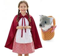 Girls Red Riding Hood Costume - Large - 4 Pc Red & White Gingham Dress With White Apron and Cape, Soft Basket & Plush Wolf - Book Day Fairytale Character Halloween Fancy Dress Costume