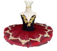 Girls' Red Swan Lake Ballet Tutu Dress, Gold Embroidered Ballet Puffy Tutu Skirt, New Kids Performance Costume,A,110