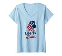 Girls Red White Blue Liberty Belle Patriotic Stars V-Neck T-Shirt, Women, Baby Blue, M
