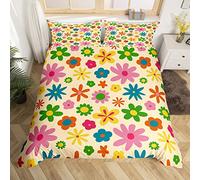Girls Retro Boho Floral Bedding Set Super King Vintage 60S 70S Flowers Hippie Comforter Cover Cute Groovy Flowers Power Duvet Cover Colorful Quilt Cover With 2 Pillow Cases Groovy Bedroom Decor