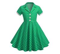 Girls Retro Cotton Dresses Kids Polka Dot Dress V-Neck Short Sleeve Button Front Fit Flare Midi Dress Lapel Collar Summer Waist Cinched Casual Sundress Party Daily Wear Gown Prom Wedding 3-8 Years