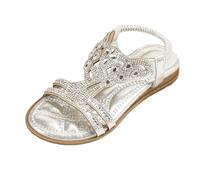 Girls Rhinestone Elastic Strap Slingback Sandals - Bohemian Beach Casual, Sparkly Non Slip Breathable Summer#g