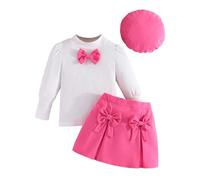 Girls Ribbed Bow Outfit Set 3 Piece Toddler Winter Clothes Top Skirt Hat Combo for School Fall Autumn Casual Wear (3-4 Years) Hot Pink