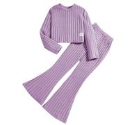 Girls Ribbed Crop Top & Flared Jogger Pants Set, Long Sleeve, 4-12 Years#G Purple