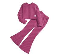 Girls Ribbed Knit Set 2 Piece Long Sleeve Crochet Sweater+stretchy Flare Long Trousers Outfits Kids Baby Plain Warm Pullover Tops Trousers Clothes (Hot Pink, 8 Years)