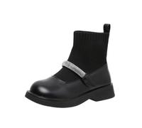Girls Ribbed Knit Sock Boots Rhinestone Strap School Shoes 4-11 Years | Faux Leather Mary Jane Style Mid-Calf Boots Round Toe Thick Sole Footwear School Walking Holiday Travelling Party Streetwear