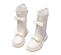 Girls Riding Boots Autumn Winter Mid Calf Booties British Boot Side Zipper Leather Boots Girl Boot Cute Comfort AntiSlip Punk Casual Party School Shoes (White, 10.5)