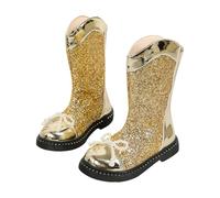 Girls Riding Boots Mid-Calf Sequin Combat Boots, Kids Knee-High Glitter Soft Comfortable Black Cowboy Shoes School Sequined Fall Winter Footwear Gold Size UK 11.5