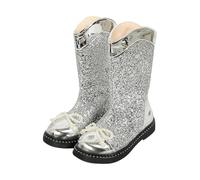 Girls Riding Boots Mid-Calf Sequin Combat Boots, Kids Knee-High Glitter Soft Comfortable Black Cowboy Shoes School Sequined Fall Winter Footwear Silver Size UK 1.5