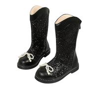 Girls Riding Boots Mid-Calf Sequin Combat Boots, Kids Knee-High Glitter Soft Comfortable Black Cowboy Shoes School Sequined Fall Winter Footwear Black Size UK 1.5