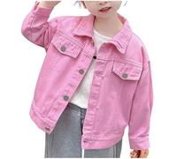 Girls Ripped Denim Jackets Cute Candy Color Jeans Coats, Winter Fall Truker Jackets Button Down Long Sleeve Lapel Outwear Casual Chidren Clothes 1-12Years