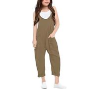 Girls Rompers Suspender Lightweight Athletic Lounge Pants with Pockets Comfy Jogging Tapered Sweatpants Girls Cargo Trousers Loose Fit Tracksuit Bottoms Summer Girl's Romper Khaki