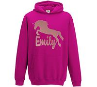 Girls Rose Gold Custom Name Unicorn Hoodie, Personalised Cute Unicorn Gifts For Girls, Unique and Simple Cute Birthday Hoody Boys Kids, Hooded Jumper Gift, Bright Pink, 5-6 Years