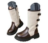 Girls Round Toe Motorcycle Boots Pull On Chunky Low Heel Knee High Boots | Faux Leather Biker Riding Boots Goth Wide Calf Tall Fall Boots Easy On and Off, Long Walking, Standing, Kids Fall Winter