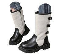 Girls Round Toe Motorcycle Boots Pull On Chunky Low Heel Knee High Boots | Faux Leather Biker Riding Boots Goth Wide Calf Tall Fall Boots Easy On and Off, Long Walking, Standing, Kids Fall Winter