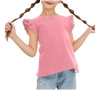 Girls Ruffl Sleeve Tees 2025 Summer Crew Neck Blouse Casual Tops with Flutte Sleeve School Holiday & Part Wear (Pink, 9-10 Years)