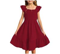Girls Ruffle Dress Fly Sleeve Smocked Tiered Dresses Swing Square Neck Ruched Waist A-Line School Beach Sundress Summer Plain Cute Casual Trendy Party Holidays Clothing (Red, 13-14 Years)
