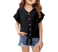 Girls Ruffle Short Sleeve Shirts V Neck Tie Front Knot Tops Button Cute Tunic Shirts Blouse, Black, 5-6 years
