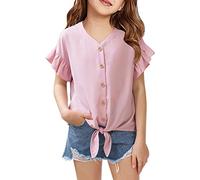 Girls Ruffle Short Sleeve Shirts V Neck Tie Front Knot Tops Button Cute Tunic Shirts Blouse, Pink, 5-6 years