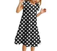 Girls Ruffle Sleeve Midi Dress Short Sleeve Trendy Summer Polka Dot Dress Teenager Girls A-Line Round Neck Cute Elegant Party School Casual Vacation Comfortable Dresses Age 6-15 (Black, 14-15 Years)