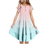 Girls Ruffle Sleeve Princess Dresses Teen Printed Sleeveless MidiParty Dresses Casual Flowy A Line Hight Waist Clothres Summer Beach Occasion Sundress for Teenage (A-Pink, 14-15)
