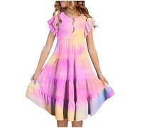 Girls Ruffle Sleeve Princess Dresses Teen Printed Sleeveless MidiParty Dresses Casual Flowy A Line Hight Waist Clothres Summer Beach Occasion Sundress for Teenage (D-Pink, 160)