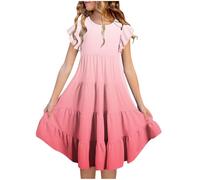 Girls Ruffle Sleeve Princess Dresses Teen Printed Sleeveless MidiParty Dresses Casual Flowy A Line Hight Waist Clothres Summer Beach Occasion Sundress for Teenage (B-Pink, 14-15)