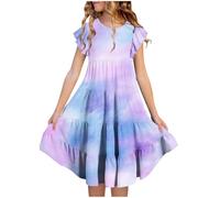 Girls Ruffle Sleeve Princess Dresses Teen Printed Sleeveless MidiParty Dresses Casual Flowy A Line Hight Waist Clothres Summer Beach Occasion Sundress for Teenage (F-Purple, 14-15)