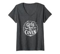Girls Run The Coven: Witchy Empowerment for Night Owls V-Neck T-Shirt, Women, Dark Heather Grey, L