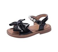 Girls Sandals Bow Pearl Open Toe Non Slip Soft Flat Plain Slingback Shoes Toddler Kids Arch Support Leather Slip On Wide Fit Sport Slides Summer Casual Beach Slippers (Black, 11 Little Child)