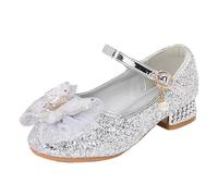 Girls Sandals Closed Toe Heels Wedding Party Shoes Sequin Bow For Toddler, silver, 3 UK