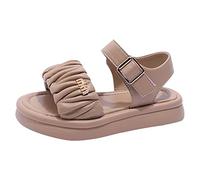 Girls Sandals Open Toe Non Slip Soft Flat Plain Slingback Shoes Toddler Kids Arch Support Leather Slip On Wide Fit Sport Slides Summer Casual Beach Slippers (Khaki, 1 Big Kids)