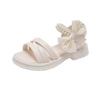 Girls Sandals Pearl Bow Strappy Soft Flat L w Heel Open Toe Sandles Toddler Kids A ch Support Summer Casual Walking Shoes Party Dance Lightweight Slippers (White, 1.5 Big Kids)