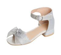Girls Sandals Summer Princess Sequin Sparkly Sandals Open Toe Low Heels Shoes with Cute Bow for Big Kids Wide Fit Dress Sandal Shoes Girl Adjustable Leather School Party (Silver #3, 4 Big Kids)