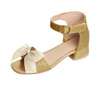 Girls Sandals Summer Princess Sequin Sparkly Sandals Open Toe Low Heels Shoes with Cute Bow for Big Kids Wide Fit Dress Sandal Shoes Girl Adjustable Leather School Party (Gold #3, 3.5 Big Kids)