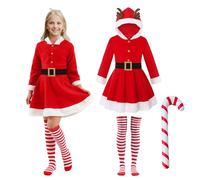Girls Santa Claus Dress Red Button Hood with Deer Antlers Holiday Party Show Christmas Theme Costume Dress with Belt (110)