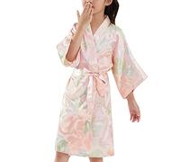 Girls Satin Kimono Robe with Belt Cute Flower Print Nightgowns Summer Lounge Short Robe Teen Kids Loose Oversized Pajamas Bathrobe Loungewear Sleepwear (Pink, 11-12 Years)
