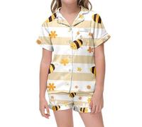 Girls Satin Pajama Set Festival Sleepwear Short Sleeve Top and Shorts Loungewear Comfortable Nightwear Outfit (Light Yellow-M, 8-9 Years)