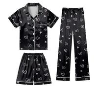Girls Satin Pajamas Set Button Down Silk 2 Piece Pj Sets Ruffle Short Sleeve Sleepwear Black
