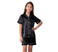 Girls Satin Silk Pajamas Set Short Sleeve Sleepwear 2 Piece Button Down Loungewear Classic Comfortable Kids Outfit (Black, 11-12 Years)