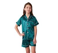 Girls Satin Silk Pajamas Set Short Sleeve Sleepwear 2 Piece Button Down Loungewear Classic Comfortable Kids Outfit (Dark Green, 11-12 Years)